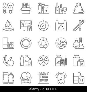 Garbage Types outline icons set - Waste Sorting vector concept symbols. Paper, Plastic, Organic, Glass, E-Waste Recycling linear signs Stock Vector