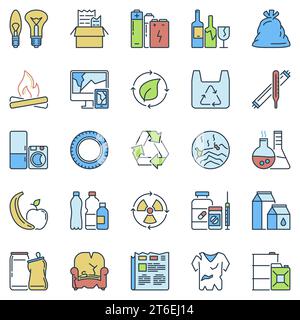 Garbage Waste Types Separation colored icons set. Paper, E-Waste, Glass, Plastic, Organic Recycling or Sorting concept modern symbols Stock Vector