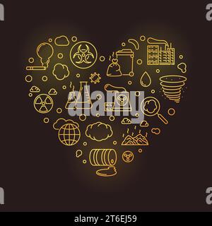 Pollution outline heart shaped vector golden illustration. Polluted Environment concept colored banner with dark background Stock Vector