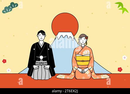 New Year's card for 2024, man and woman in kimono, Mt. Fuji and sunrise on the first day of the year, Vector Illustration Stock Vector