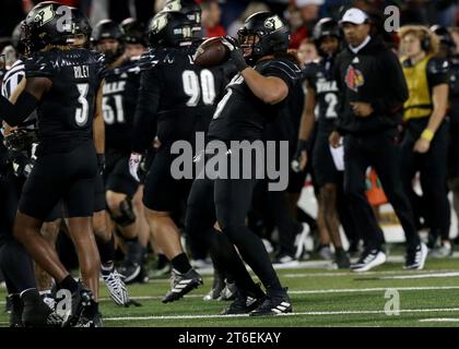 Louisville, United States. 09th Nov, 2023. University of Louisville Ashton Gillette (9) celebrates after recovering a fumble against Virginia Cavaliers during the first half of play at L&N Stadium on Thursday, November 8, 2023 in Louisville, Kentucky. Photo by John Sommers II/UPI Credit: UPI/Alamy Live News Stock Photo