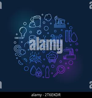 Pollution outline round colored illustration. Vector Eco Problem concept blue modern banner with dark background Stock Vector