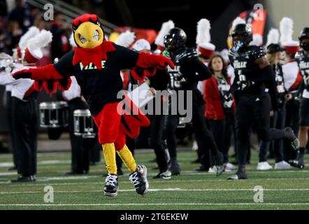 Louisville, United States. 09th Nov, 2023. University of Louisville Cardinal Bird leads the team onto the field before the start of the game against the Virginia Cavaliers at L&N Stadium on Thursday, November 9, 2023 in Louisville, Kentucky. Photo by John Sommers II/UPI Credit: UPI/Alamy Live News Stock Photo