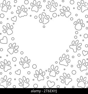 Frame made of outline Pet Paw Prints symbols with Heart-Shaped empty space for text - vector simple illustration in line style Stock Vector