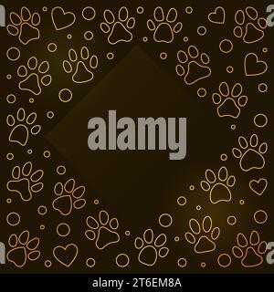 Golden Frame made of Pet paw Prints and Hearts outline symbols - vector modern illustration with footprints Stock Vector