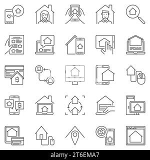 Online Real Estate Business outline icons - buying, selling, searching house concept vector Realtor line symbols Stock Vector