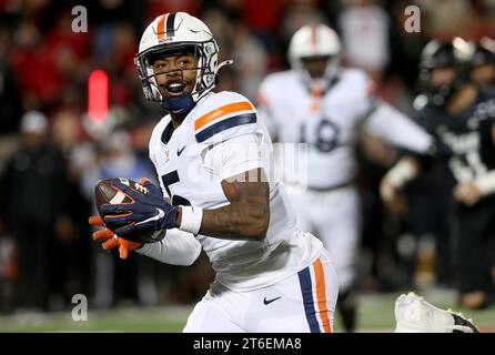 Louisville, United States. 09th Nov, 2023. Virginia Cavaliers Cam Robinson (5) runs back an interception for a touchdown against the University of Louisville during the second half of play at L&N Stadium on Thursday, November 8, 2023 in Louisville, Kentucky. Photo by John Sommers II/UPI Credit: UPI/Alamy Live News Stock Photo