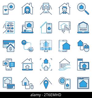 Online Real Estate Agency concept colored icons. Buy, sell, rent house via smartphone or laptop vector signs Stock Vector