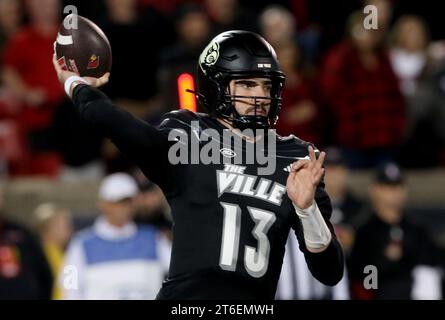 Louisville, United States. 09th Nov, 2023. University of Louisville quarterback Jack Plummer (13) throws under pressure from Virginia Cavaliers defense during the second half of play at L&N Stadium on Thursday, November 8, 2023 in Louisville, Kentucky. Photo by John Sommers II/UPI Credit: UPI/Alamy Live News Stock Photo