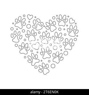 Cat or Dog Paw Prints Heart vector simple illustration in thin line style. I love Animals concept minimal illustration Stock Vector