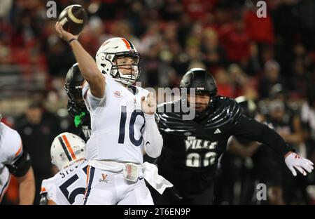 Louisville, United States. 09th Nov, 2023. Virginia Cavaliers quarterback Anthony Colandrea (10) throws under pressure from the University of Louisville defense during the first half of play at L&N Stadium on Thursday, November 8, 2023 in Louisville, Kentucky. Photo by John Sommers II/UPI Credit: UPI/Alamy Live News Stock Photo