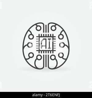 Cyberbrain or AI Brain with Chip vector concept outline icon or design element Stock Vector
