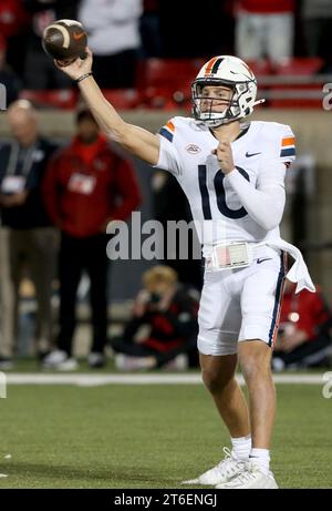 Louisville, United States. 09th Nov, 2023. Virginia Cavaliers quarterback Anthony Colandrea (10) throws under pressure from the University of Louisville defense during the first half of play at L&N Stadium on Thursday, November 8, 2023 in Louisville, Kentucky. Photo by John Sommers II/UPI Credit: UPI/Alamy Live News Stock Photo