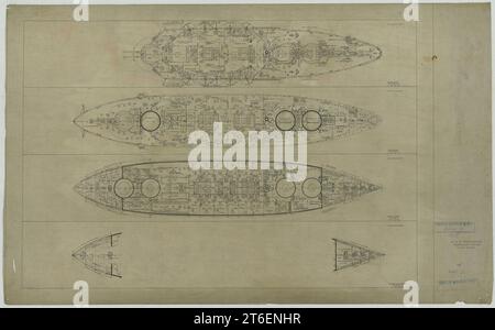 USS Michigan (BB-27)- Upper Deck; Main Deck; Berth Deck; Protective Deck Stock Photo