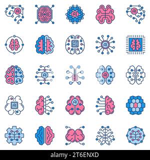 Artificial Intelligence Brain colored icons collection. Vector AI or Machine learning concept signs. Cyberbrain modern symbols Stock Vector
