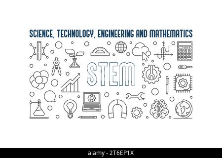 STEM concept Education horizontal banner - Science, Technology, Engineering and Mathematics vector minimal outline illustration Stock Vector