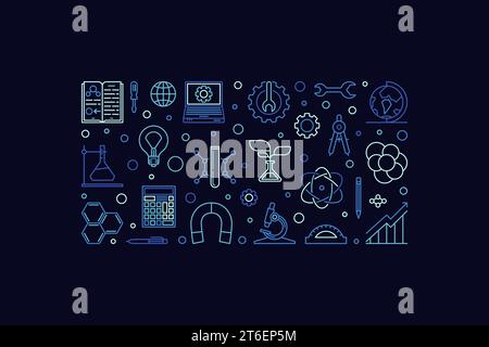 STEM concept horizontal banner - Science, Technology, Engineering and Mathematics Education vector blue illustration in thin line style Stock Vector