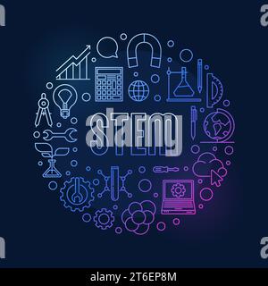 STEM concept circular colored outline banner. Science, Technology, Engineering and Mathematics Education vector illustration with dark background Stock Vector