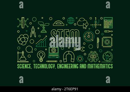 STEM Education concept horizontal creative banner - Science, Technology, Engineering and Mathematics vector green illustration Stock Vector