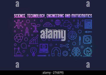 STEM outline horizontal banner - Science, Technology, Engineering and Mathematics vector concept modern illustration on dark background Stock Vector