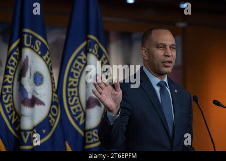 Washington, United States. 09th Nov, 2023. United States House Minority Leader Hakeem Jeffries (Democrat of New York) at a weekly press conference in the Capitol building in Washington, DC, USA on Thursday, November 9, 2023. Photo by Annabelle Gordon/CNP/ABACAPRESS.COM Credit: Abaca Press/Alamy Live News Stock Photo