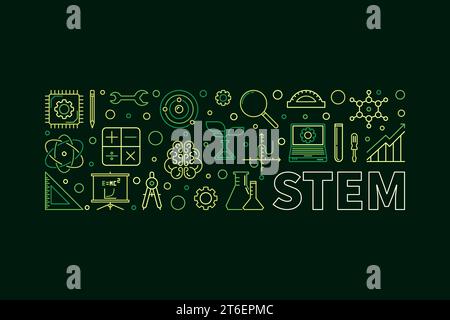 STEM Science, Technology, Engineering and Math vector horizontal modern green banner or illustration in thin line style Stock Vector