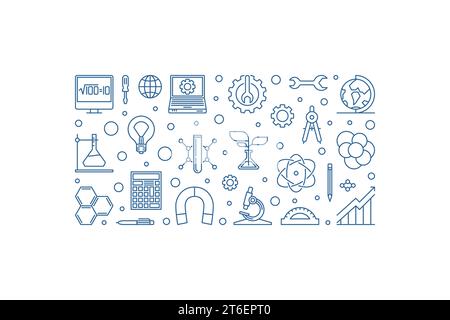 STEM concept minimal horizontal banner - Science, Technology, Engineering and Mathematics Education vector blue outline illustration on white backgrou Stock Vector