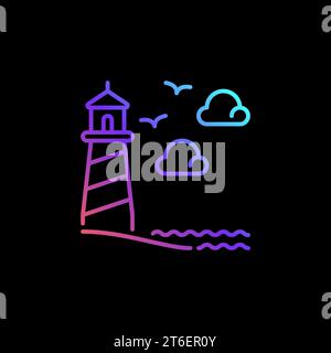 Lighthouse on Cliff with Seagulls and Clounds vector thin line concept colorful icon or logo element on dark background Stock Vector