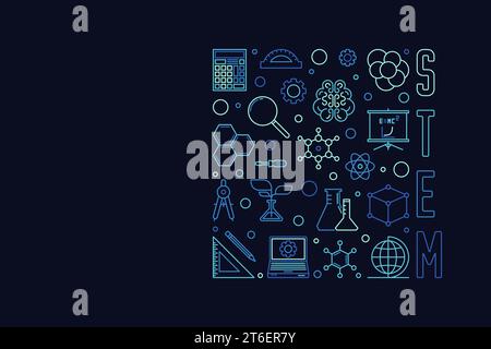 STEM - Science, Technology, Engineering and Mathematics concept outline vector blue banner or illustration with dark background Stock Vector