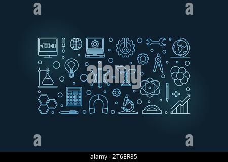 STEM concept blue horizontal banner - Science, Technology, Engineering and Mathematics Education vector modern outline illustration Stock Vector