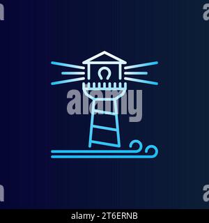 Lighthouse with Waves vector outline concept blue icon or logo element on dark background Stock Vector