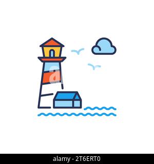 Lighthouse with House and Seagulls vector concept colored icon or sign Stock Vector