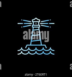 Lighthouse in the Sea vector concept blue modern line icon or logo element on dark background Stock Vector