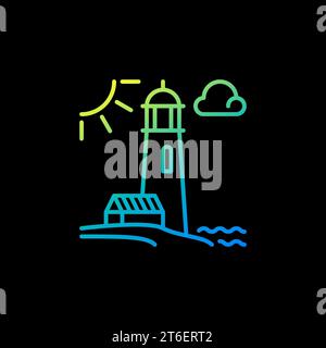 Lighthouse on the Coast with Sun vector concept colorful linear icon or logo element on dark background Stock Vector