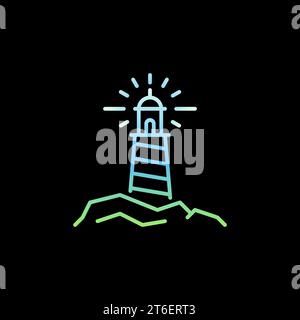 Lighthouse on the Rocks vector concept colorful line icon or logo element on dark background Stock Vector