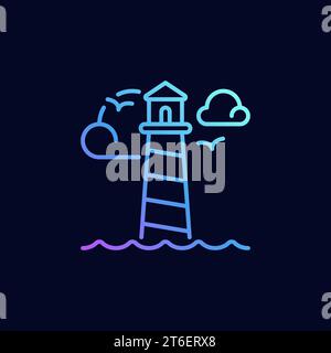 Seagulls and Lighthouse outline vector concept blue icon or logo element on dark background Stock Vector