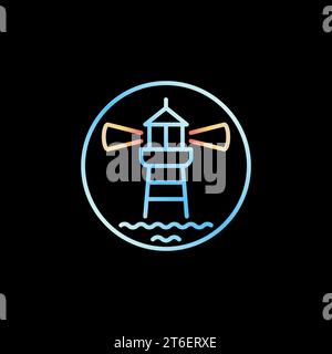 Lighthouse with Waves thin line vector concept blue modern round icon or symbol on dark background Stock Vector