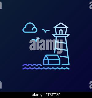 Lighthouse with Seagulls and Small House vector concept blue colorful line icon or symbol on dark background Stock Vector