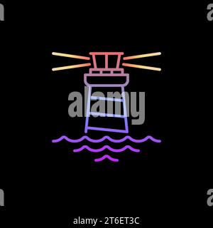 Lighthouse with Waves vector linear concept colorful icon or logo element on dark background Stock Vector