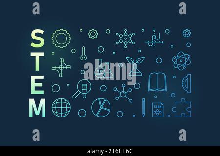 STEM horizontal colorful banner in outline style. Science concept linear illustration with dark background Stock Vector