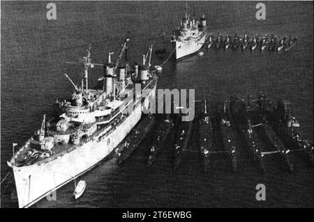 USS Nereus (AS-17) and USS Fulton (AS-11) with submarines at San Diego c1958 Stock Photo