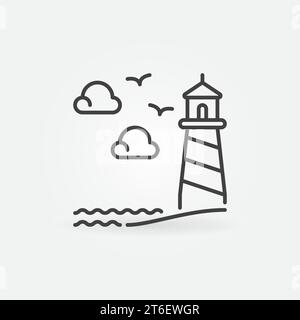 Lighthouse on Cliff with Seagulls and Clounds vector linear concept icon or sign Stock Vector