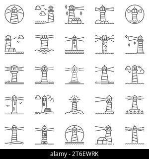 Lighthouse outline icons set. Lighthouses concept vector thin line symbols collection Stock Vector