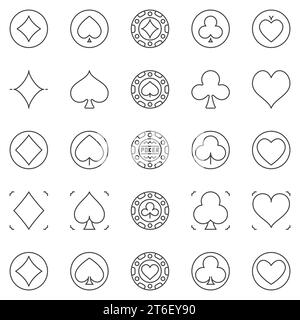 Playing Card Suits and Poker Chips outline icons set - Casino Gambling concept vector linear symbols Stock Vector
