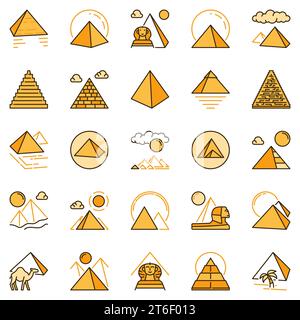 Egyptian Pyramids yellow vector icons set - Pyramid modern colored concept signs Stock Vector
