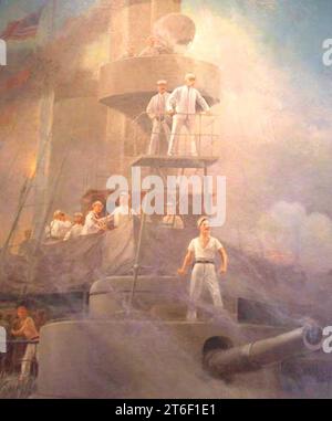 USS Olympia with Dewey at Battle of Manila bay Stock Photo
