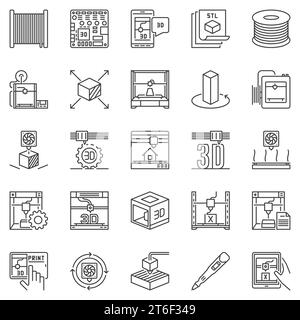 3D Printer outline icons set - additive manufacturing and printing concept linear symbols Stock Vector