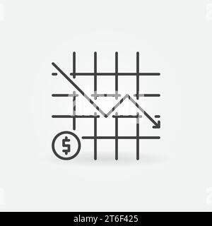 Falling Arrow Chart vector Dollar Inflation concept linear icon or symbol Stock Vector
