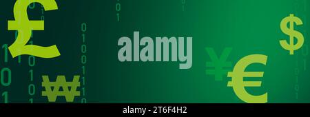 Various currency symbols displayed on a vibrant green background. The symbols represent different global currencies such as the US dollar, Euro, Briti Stock Photo