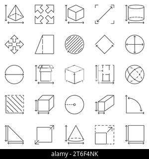Dimension and Size outline icons set. Perimeter and Measuring concept linear symbols or design elements Stock Vector